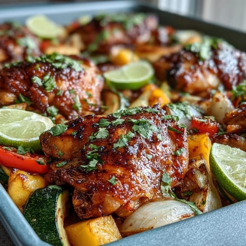 Sliced One-Pan Mango Chili Chicken and Veggie Bake served over fluffy quinoa, with lime wedges and a drizzle of fresh cilantro.