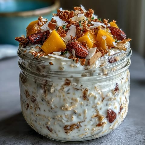 Golden toasted coconut crunch sprinkled over vibrant Mango Chia Overnight Oats, paired with a spoon and cold brew coffee.