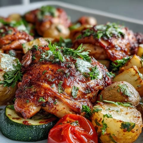 Juicy chicken thighs, tender zucchini, and crispy rosemary potatoes garnished with fresh parsley and lemon. 