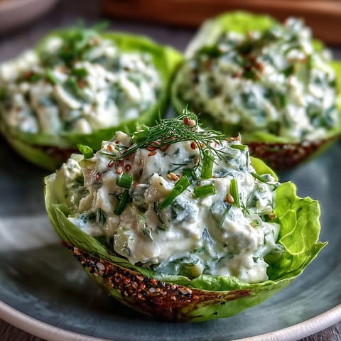 Spoonful of keto avocado egg salad lettuce boats with everything bagel crunch, served chilled with chives and dill.