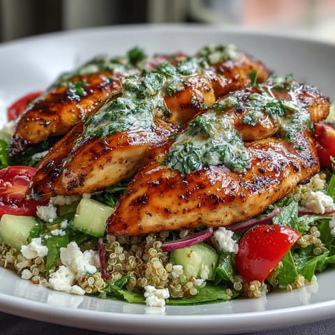 Lemon Herb Grilled Chicken Salad with Quinoa presented as a colorful bowl with sliced juicy chicken, fluffy quinoa, tomatoes, cucumber, and greens.