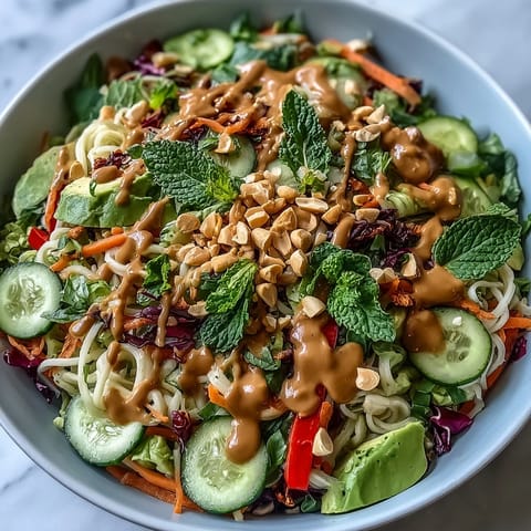 A vibrant bowl of Vegan Spring Roll Salad with Peanut Dressing, topped with creamy avocado slices and chopped roasted peanuts. 