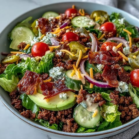 A close-up of Keto Bacon Cheeseburger Salad with avocado and pickles on romaine, drizzled with creamy burger sauce.