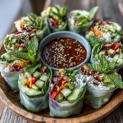Eight colorful Vegan Mango Avocado Spring Rolls, filled with fresh mango and avocado, rest beside a bowl of sweet chili sauce for dipping.