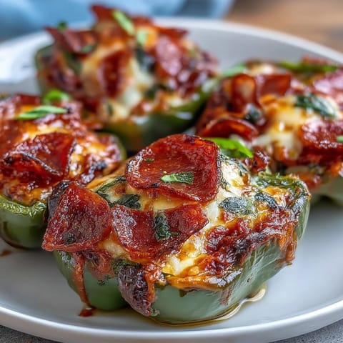 A close-up of Keto Pizza Stuffed Peppers with Mozzarella and Pepperoni, highlighting the colorful bell peppers and rich marinara.