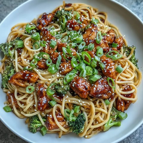 Savory stir-fried egg noodles tossed with juicy chicken, broccoli, and bell peppers, all coated in a rich, sticky garlic sauce for an irresistible dinner.