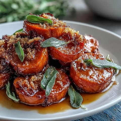 Golden candied yams with brown butter and sage, arranged in a festive baking dish for Thanksgiving dinner.  