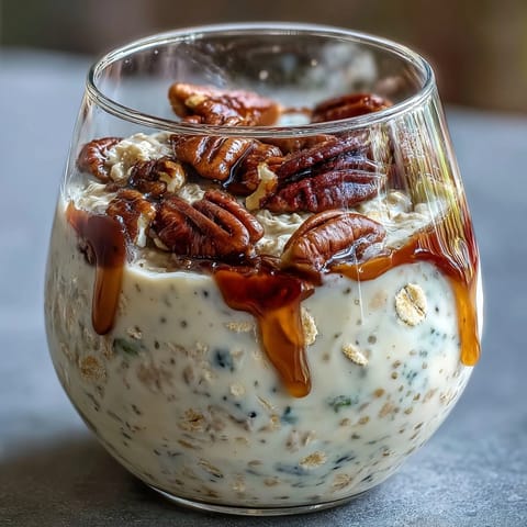A bowl of overnight oats topped with golden candied pecans and rich maple syrup for a satisfying breakfast.  