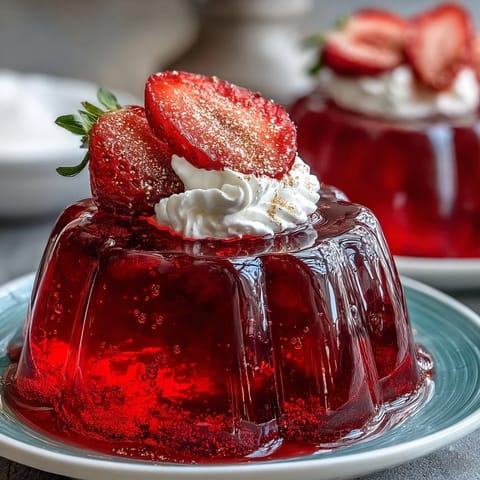 Valentine Strawberry Champagne Jello Shots with fresh strawberry slices and edible glitter for a festive, sparkling treat.