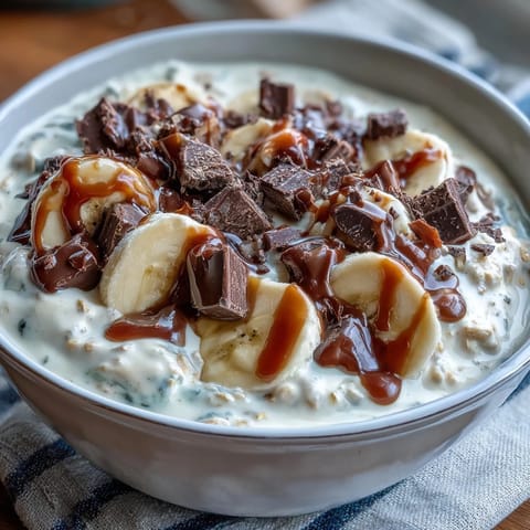 Creamy overnight oats topped with fresh banana slices and rich dark chocolate chunks for a wholesome breakfast treat.