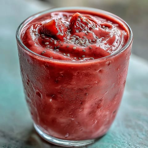 A vibrant strawberry banana protein smoothie topped with chia seeds in a tall glass, perfect for a healthy breakfast boost.