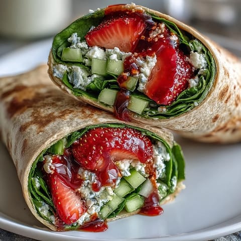 Fresh strawberry spinach wraps with creamy goat cheese, perfect for a light vegetarian lunch or picnic.  