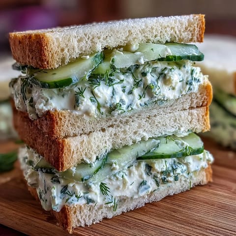 Cucumber Tea Sandwiches with Herbed Cream Cheese: A classic English appetizer with crisp cucumber slices and creamy herb-infused spread on soft white bread.