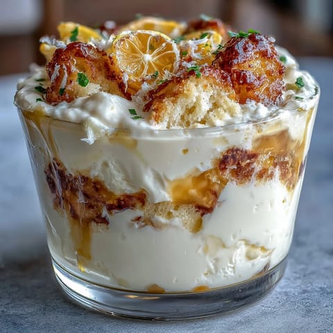 Fluffy Yogurt Lemon Parfait with Sourdough Crumb Topping in a clear glass, layers of creamy Greek yogurt and tangy lemon curd topped with golden, buttery sourdough crumbs.