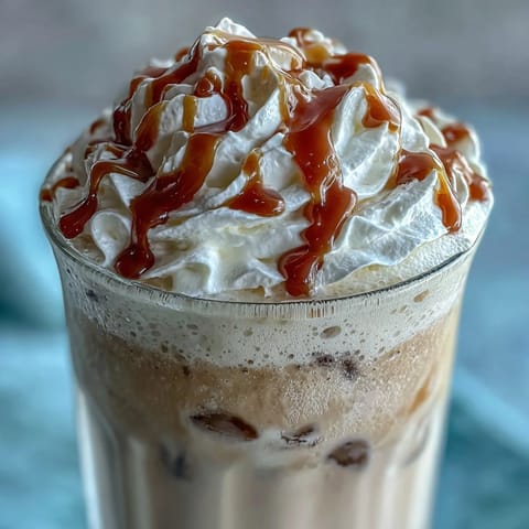 Creamy Iced Vanilla Bean Frappuccino with caramel drizzle, topped with whipped cream and vanilla bean specks for a decadent treat.