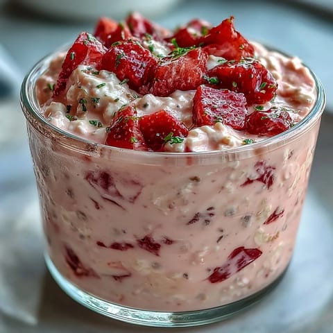 Vibrant strawberry lemonade overnight oats topped with juicy berries and crunchy poppy seeds, perfect for summer mornings.  