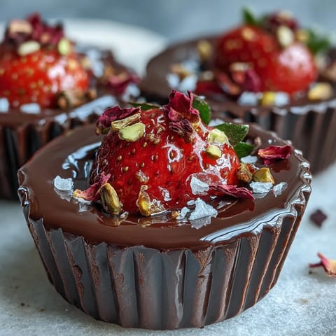Luxurious Dubai chocolate strawberry cups filled with fresh strawberries and topped with crunchy pistachio clusters.  