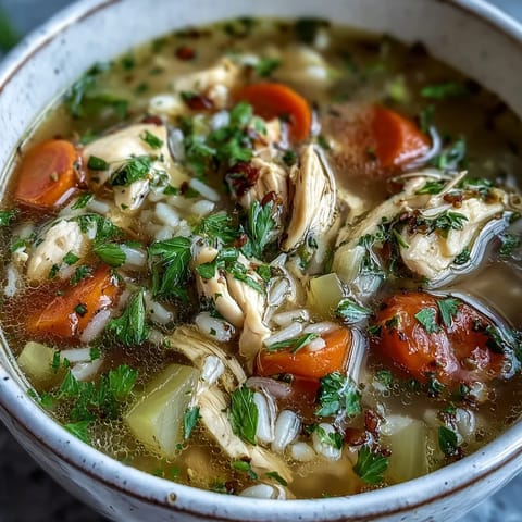 A steaming bowl of one-pot healthy chicken and rice soup with tender chicken, vegetables, and rice in a savory broth.