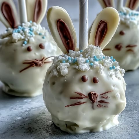 Cute Easter Bunny Cake Pops coated in smooth white chocolate with pink candy ears and marshmallow tails.