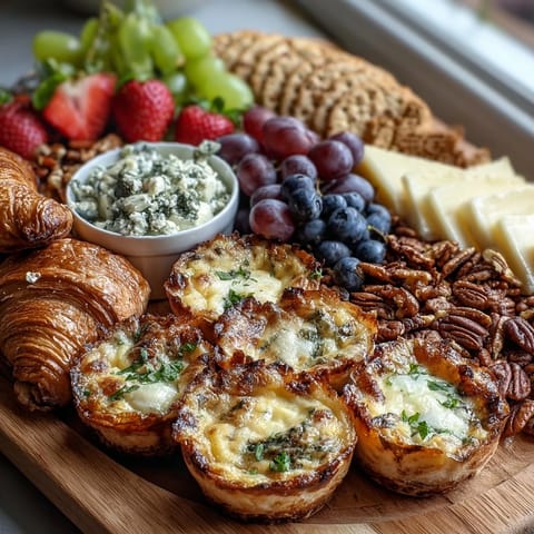 Elegant Mothers Day brunch board featuring savory mini quiches, colorful fruit, assorted cheeses, and flaky pastries.  