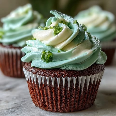 Vibrant green velvet cupcakes topped with tangy cream cheese frosting, ideal for adding color and flavor to your St. Patrick's Day dessert table.