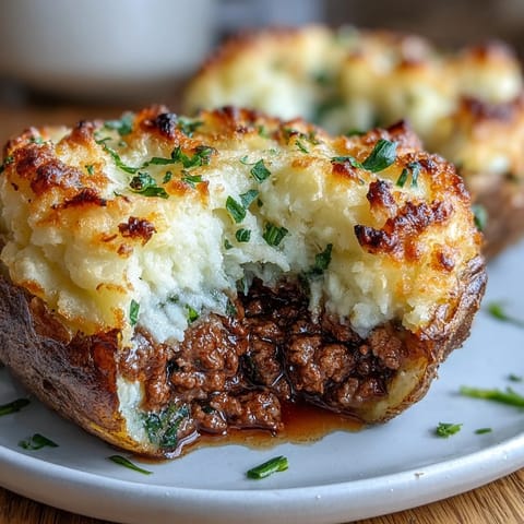 Comforting shepherd's pie stuffed baked potatoes filled with savory ground beef, veggies, and topped with creamy mashed potatoes.