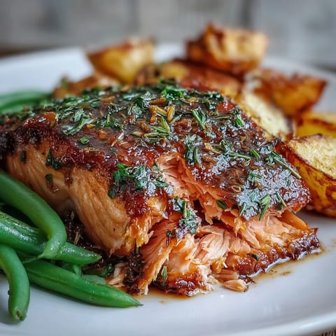 Healthy sheet pan salmon with green beans and potatoes, roasted to perfection with lemon and herbs for a wholesome dinner.