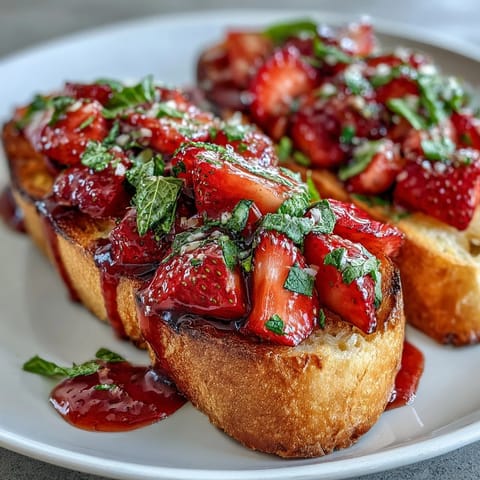 Fresh strawberry bruschetta with balsamic and mint, served on golden toasted baguette slices, garnished with fragrant herbs and tangy glaze.