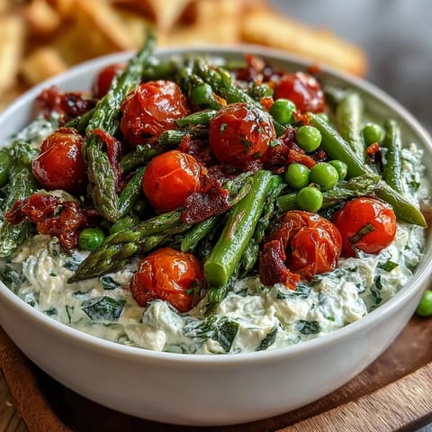 Fresh spring vegetable board with radishes, peas, and herb dip, perfect for light appetizers or entertaining.