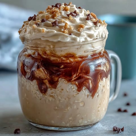 Creamy vanilla bean frappuccino overnight oats jar with a coffee swirl, topped with whipped cream and chocolate chips.