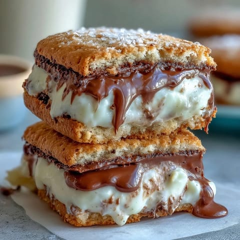 Soft vanilla cream nestled between golden milk cookie sandwiches, offering a delightful bite-sized dessert.  
