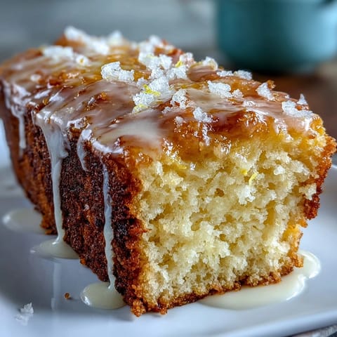 Moist lemon drizzle loaf cake with fresh lemon zest and tangy glaze, served sliced on a white plate.