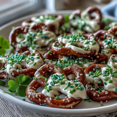 Shamrock Pretzel Bites with white chocolate and green sprinkles, perfect for festive St. Patrick's Day treats.