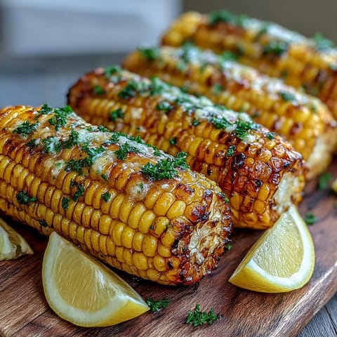 Microwave corn on the cob drizzled with rich garlic butter, golden kernels glistening on a white plate.  