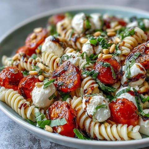 Caprese-inspired pasta salad featuring juicy tomatoes, creamy mozzarella, and fragrant basil for a refreshing summer meal.