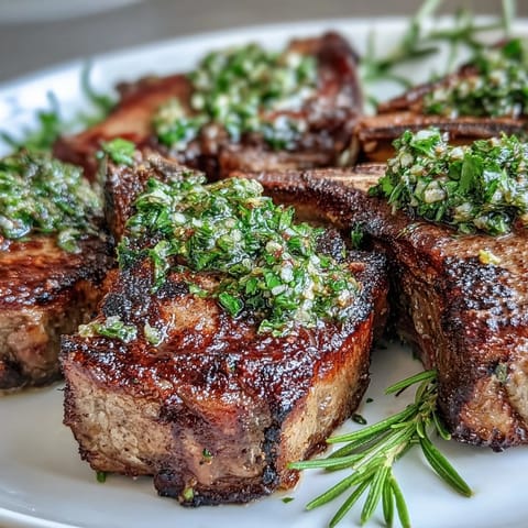 Juicy lamb chops grilled to perfection, topped with a fresh mint gremolata for a vibrant flavor burst.