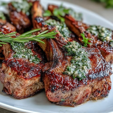 Aromatic lamb chops seasoned with garlic and rosemary, served with a zesty mint gremolata topping.
