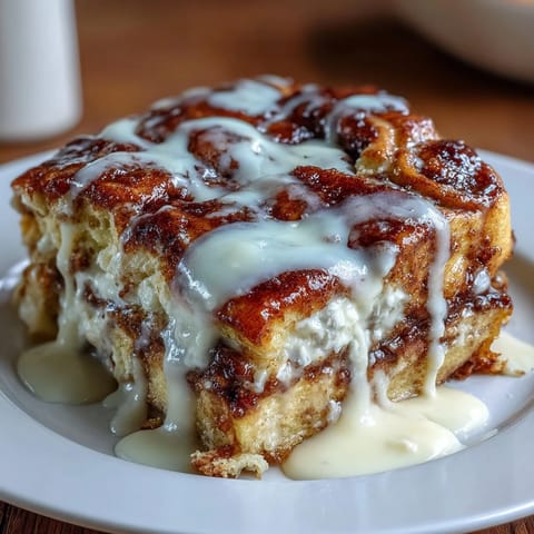 Warm cinnamon roll pancake casserole with cream cheese glaze, baked until golden and swirled with cinnamon sugar.