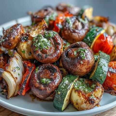 Summer Grilled Veggie Skewers with Chimichurri sizzling on the grill, colorful vegetables charred to perfection and glistening with olive oil.