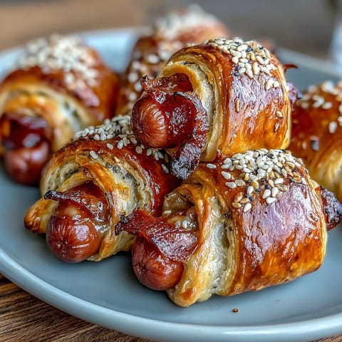 Bite-sized cocktail sausages wrapped in buttery pastry, golden and crisp, perfect for party platters and game day.  