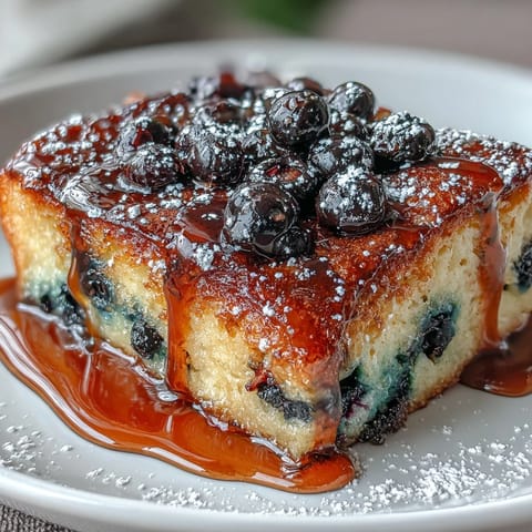 Fluffy blueberry pancake casserole baked golden brown, bursting with fresh berries in every bite, perfect for a cozy weekend brunch.