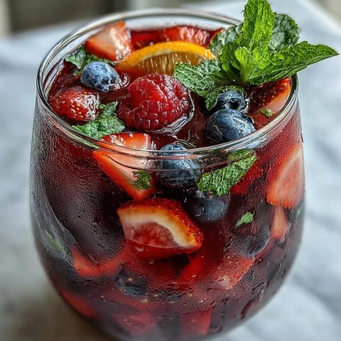 Vibrant iced hibiscus berry tea with colorful fresh fruit and mint garnishes.