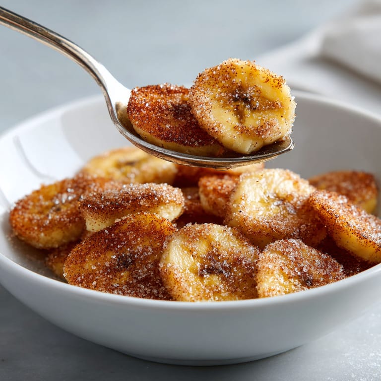 A spoon is scooping up cinnamon sugar air fryer banana chips.