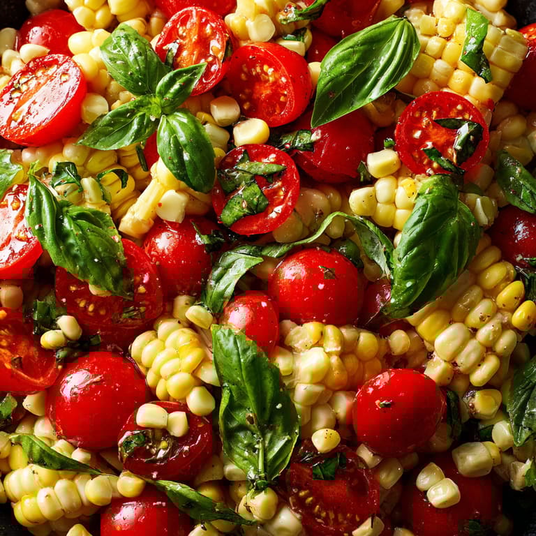 A salad of corn and tomatoes with basil.