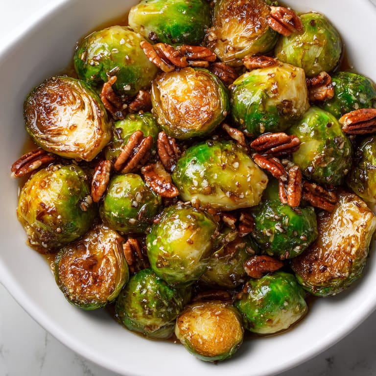 A bowl of glazed Brussels sprouts.