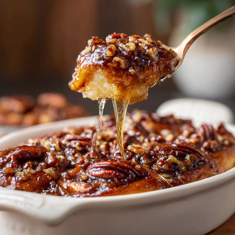 A close up of a delicious dessert being drizzled with caramel.