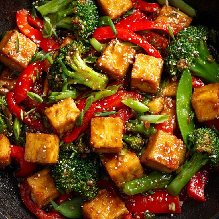 A stir fry with tofu and vegetables.