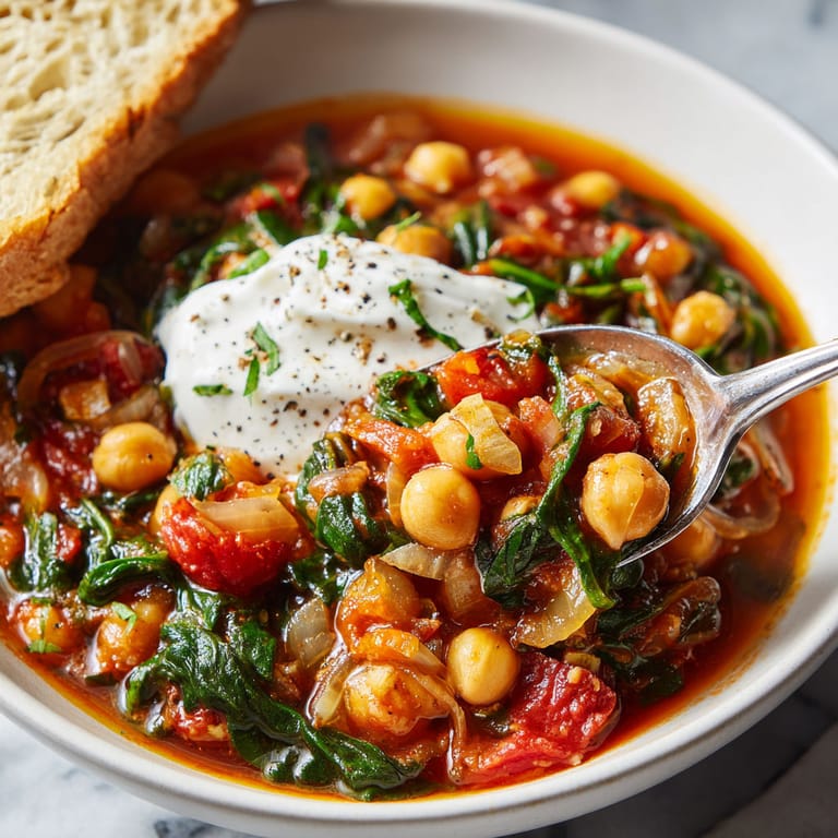 A bowl of chickpea and spinach stew.