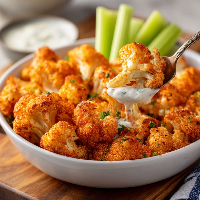 A bowl of cauliflower with a spoon in it.