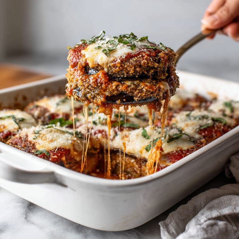 A fork is being used to eat a slice of eggplant parmesan.